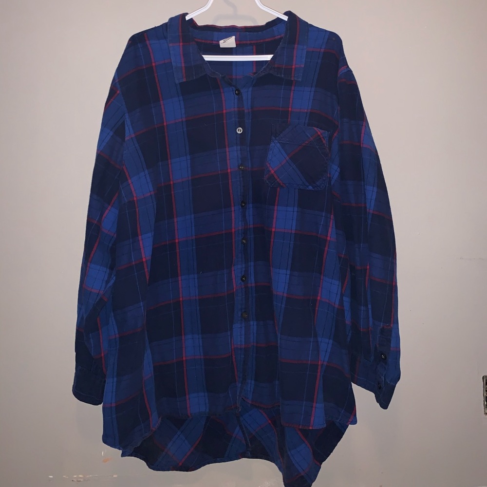 Blue and red plaid long sleeve shirt.